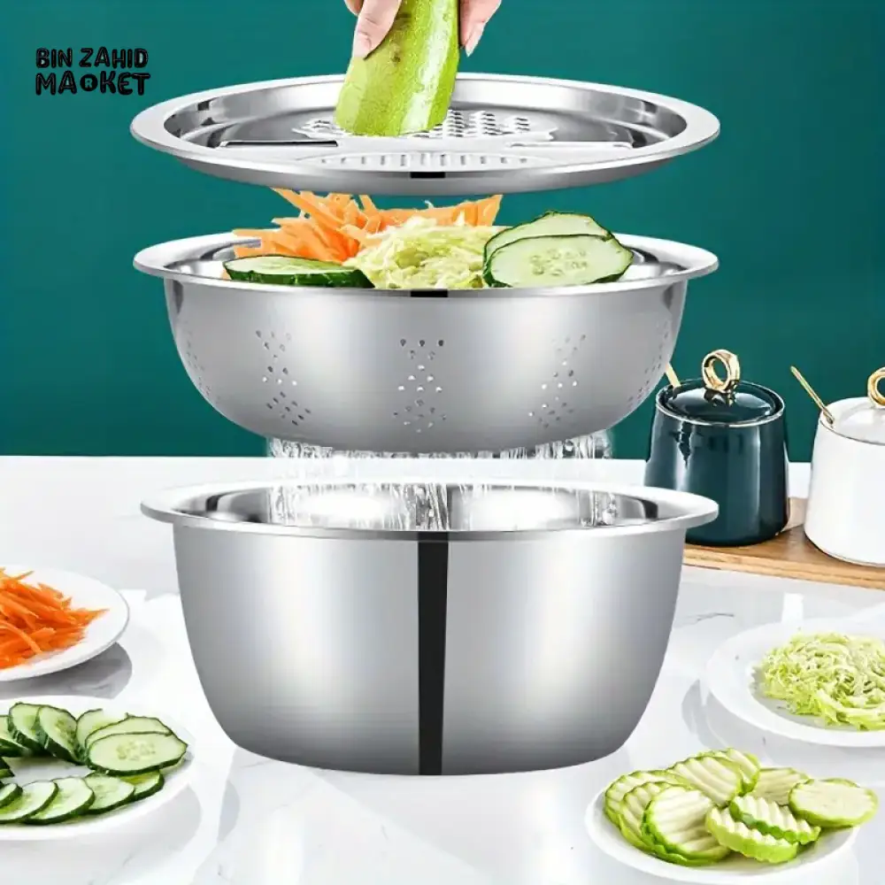 stainless-steel-vegetable-fruit-slicer-grinder-rice-bowl-drainage-basket-162 Multifunctional Stainless Steel Colander with Grater - Image 1